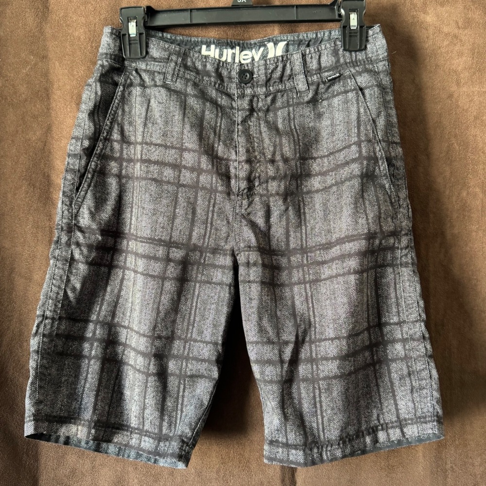 Hurley Plaid Cargo Shorts boys Size 10-12  L‎ Grey Herringbone Pocket Button Fly